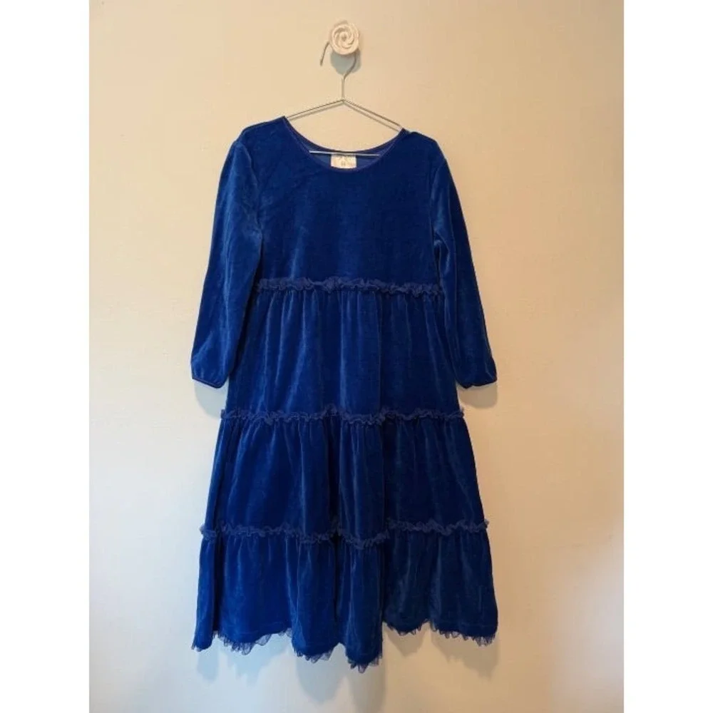 Hanna Andersson Velour Holiday Dress 150cm 12 EUC Blue Sea